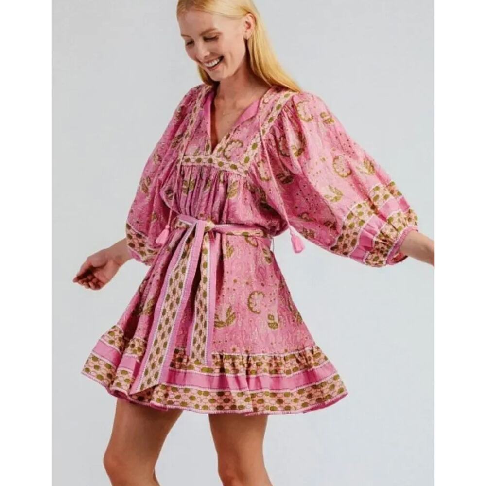 Cleobella Magdalena Mini Pink Belted Dress Wildflower. Medium